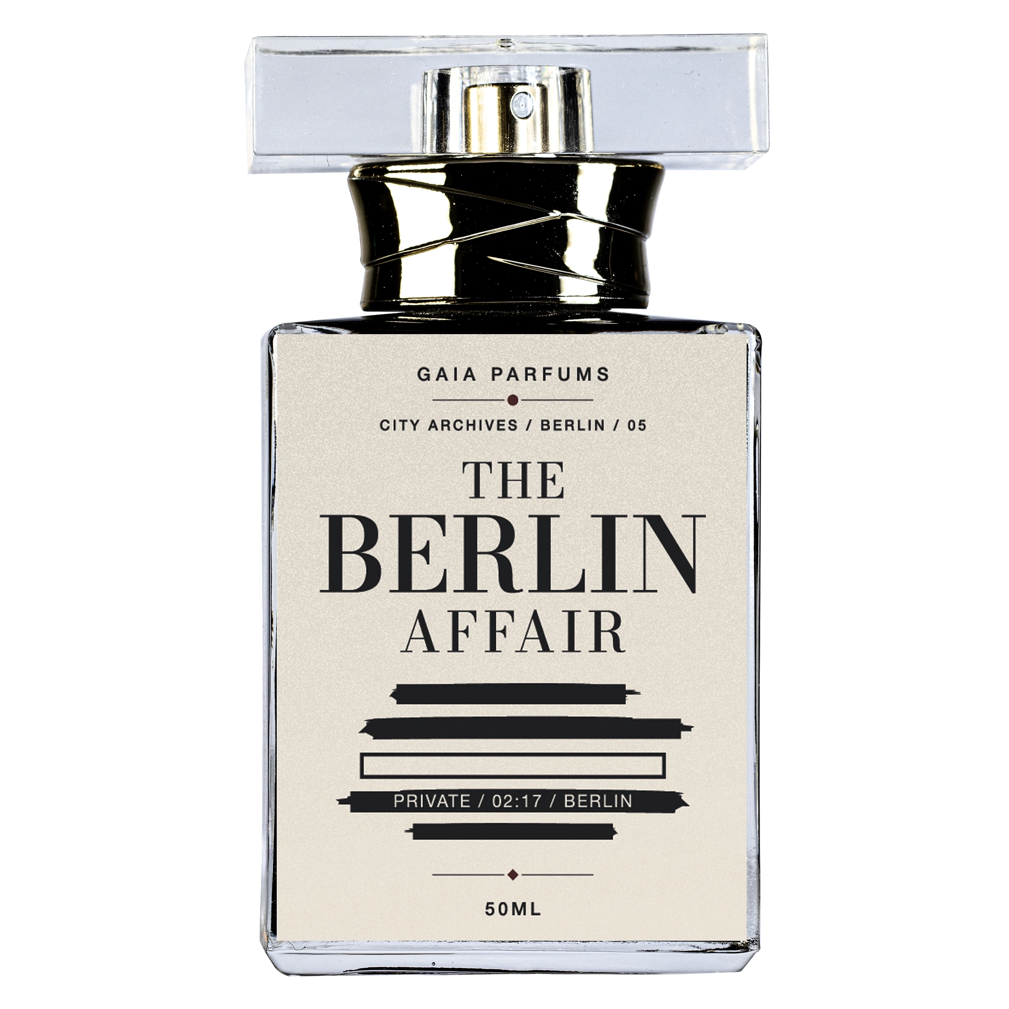 The Berlin Affair by GAIA Parfums perfume bottle with a dark citrus aquatic fragrance mood.